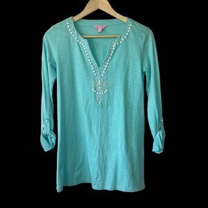 Lilly Pulitzer Soft Aqua Blue Beaded/Embroidered Trim Tunic Sz XS
